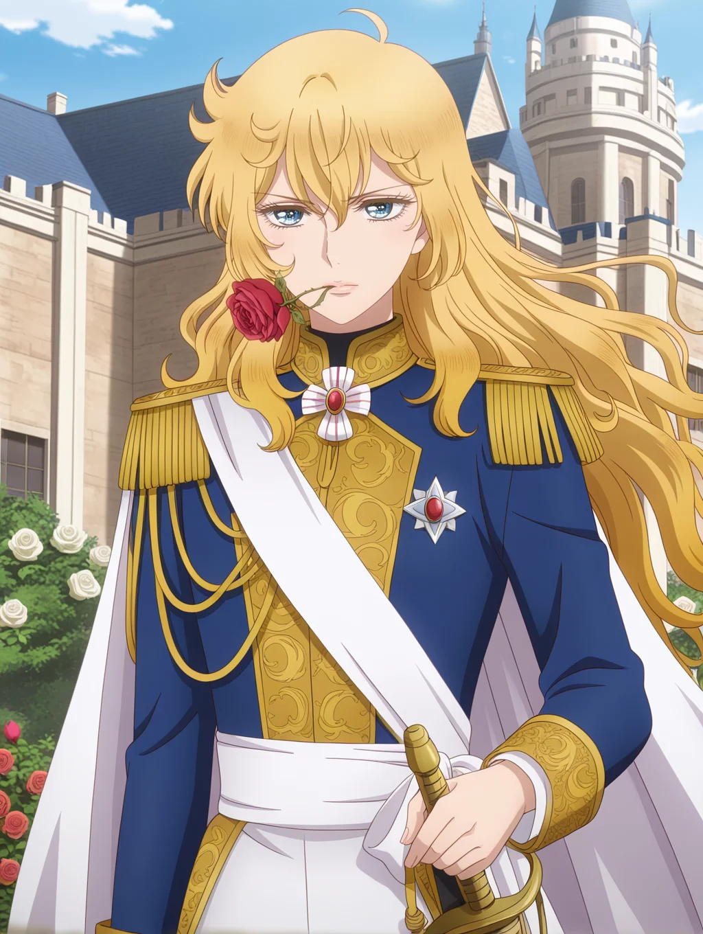 anime coloring,official tv style,1girl,oscar francois de jarjayes,solo,gold epaulettes,red rose,white cape,white rose,white flower,androgynous,rapier sheath,gold aiguillette,blue coat,blue military uniform,white sash,castle,mouth hold, hand on hilt, 
masterpiece,best quality,amazing quality,very aesthetic,absurdres,newest,<lora:oscar_francois_de_jarjayes illusXL v1:0.72>,