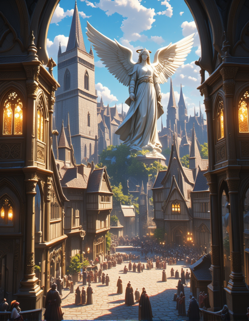 <lora:MW_Minis02flux:1> m1md, animation, medieval, epic, epic details, epic scale, absurdres, outdoors, closeup, arches, medieval buildings, medieval windows, bokeh, village square, huge white angel statue, tiny villagers, crowds, medieval city, illuminated windows, lights, gold ornaments,
