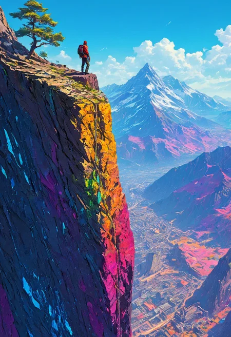 artwork, amine, cyberpunk, a climber on top of a mountain beautiful landscape, noon, very intricate, very detailed, sharp, bright, colorful,