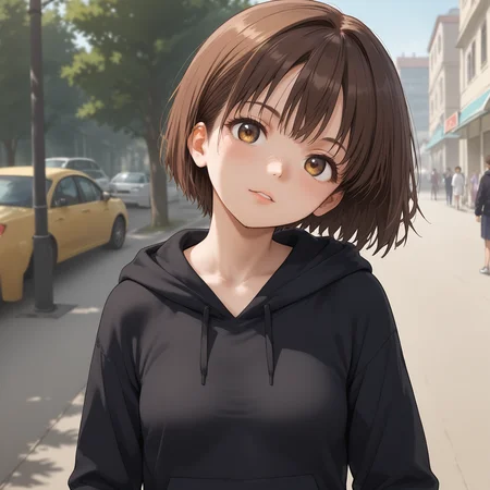 score_9,source_anime,anime style,<lora:Breast Slider - Pony_alpha1.0_rank4_noxattn_last:-0.5>,<lora:Nipple Size Slider_alpha1.0_rank4_noxattn_last:-0.5>,<lora:d3t41l3dXLP:0.25>,<lora:m0njy4XLP:0.35>,<lora:susamix010-pony:0.3>,1girl,outdoors,in public,medium breasts,brown hair,short hair,black hoodie,<lora:HeadTilt2_alpha16.0_rank32_full_last:4>,