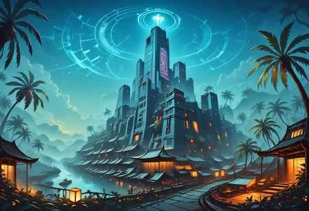 Physical characteristics of the fortress:
Massive walls built from high-tech materials like reinforced metal and glass, with neon lights highlighting the contours.
Grand arches and domes decorated with intricate Asian ornaments and LED lighting glowing in bright neon colors.
The entrance gates are made of black metal with engraved details and high-tech neon-lit symbols.
Towers equipped with light panels and holographic displays showing information and visualizations.
Cameras and high-tech sensors located on walls and towers for surveillance and security.
Background and Environment:
A jungle landscape illuminated by bright neon lighting, creating a dramatic contrast between the dense vegetation and the modern architecture of the fort.
In the distance you can see tall trees wrapped in neon vines and technological equipment integrated into the natural environment.
The sky is covered with stars and neon lights from drones and flying vehicles patrolling the fortress.
Cyber ​​Men and Hackers:
Cybermen: Dressed in high-tech suits with glowing stripes and LED lighting, their faces covered by neon-lit masks or goggles, they scan the surrounding area. They have built-in interfaces and gadgets that allow them to interact with the technology around them.