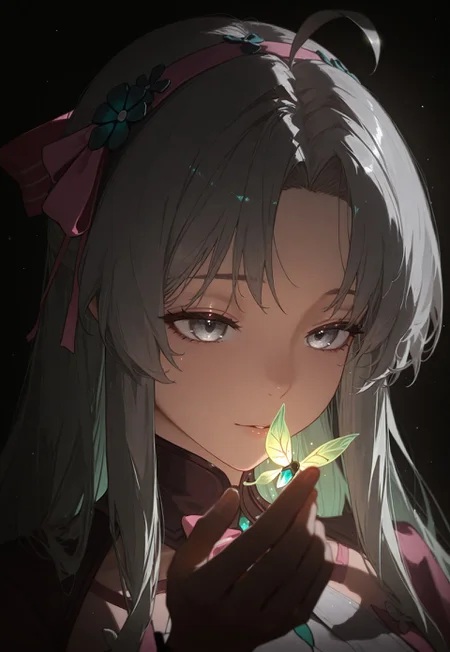 masterpiece, best quality, amazing quality, very aesthetic, high resolution, ultra-detailed, absurdres, newest, 1girl, solo, carlottawuwa, dark background, shadow, magical, abstract, dark, swirling lights, bloom, (portrait shot), joy, serene, firefly, holding a firefly, glowing firefly, light source only from firefly, focus on firefly, floating object, grey hair, grey eyes, ahoge, pink bow, hair ribbon, hairband, parted bangs,
