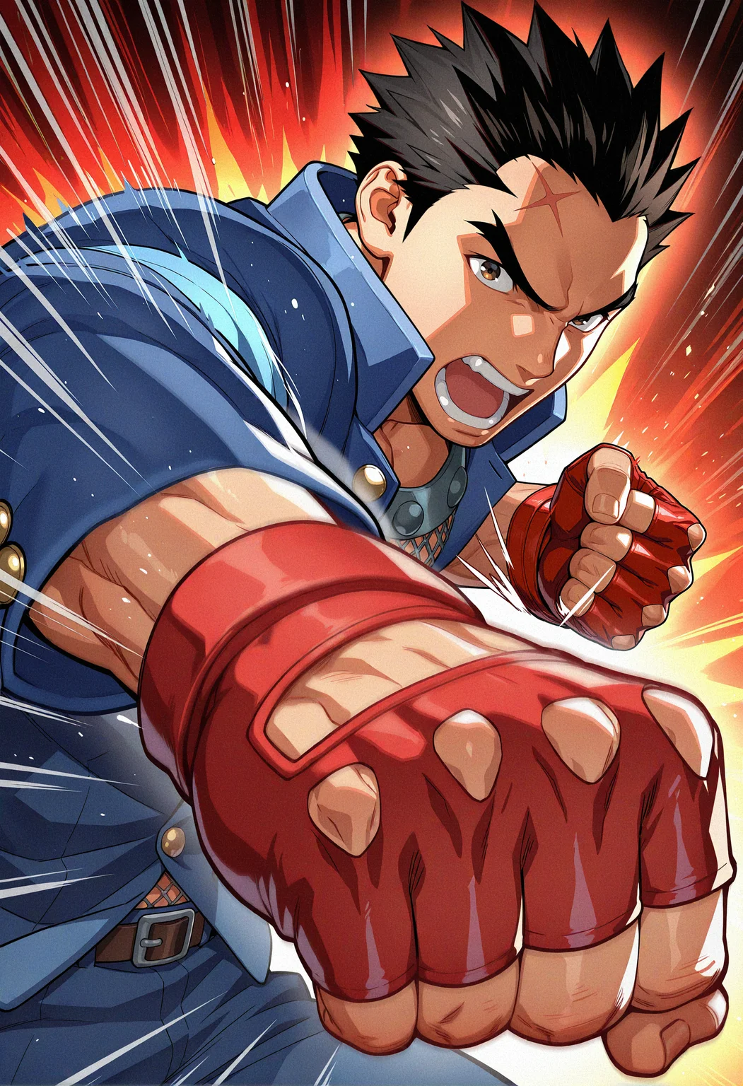 masterpiece, best quality, newest, absurdres, highres, very awa, 1boy, male, male focus, ichimonji batsu, bara, solo, fingerless gloves, gloves, fighting stance, school uniform, blue jacket, open mouth, clenched hands, looking at viewer, red gloves, muscular, brown eyes, fishnet top, angry, official art, foreshortening, dynamic pose, motion lines, motion blur