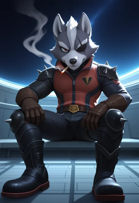 masterpiece,best quality, amazing quality, 1boy, solo, wolfSF, wolf boy, eyepatch, star red vest, star spiked pauldrons, star black pants, star black boots, star knee pads, star brown gloves, smoking,
space, space ship,