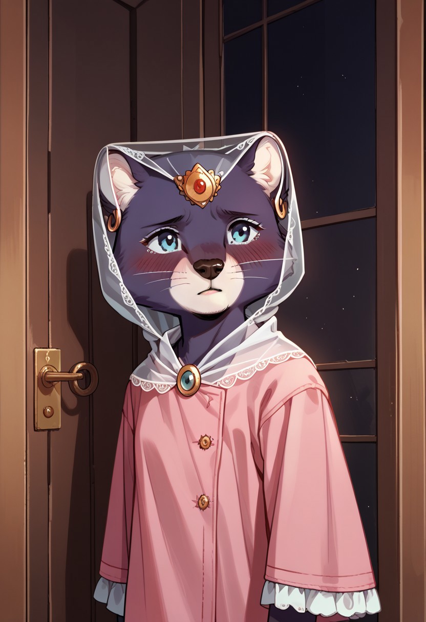 score_9, score_8_up, score_7_up, score_6_up, best quality, source_anime, solo, 1girl, female, standing, portrait, interior, princess_romy, romy_panther, furry, anthro, knva, sad, blush