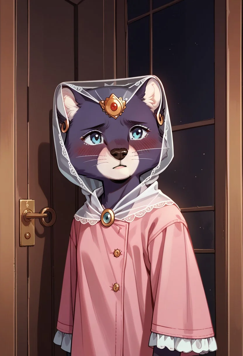 score_9, score_8_up, score_7_up, score_6_up, best quality, source_anime, solo, 1girl, female, standing, portrait, interior, princess_romy, romy_panther, furry, anthro, knva, sad, blush