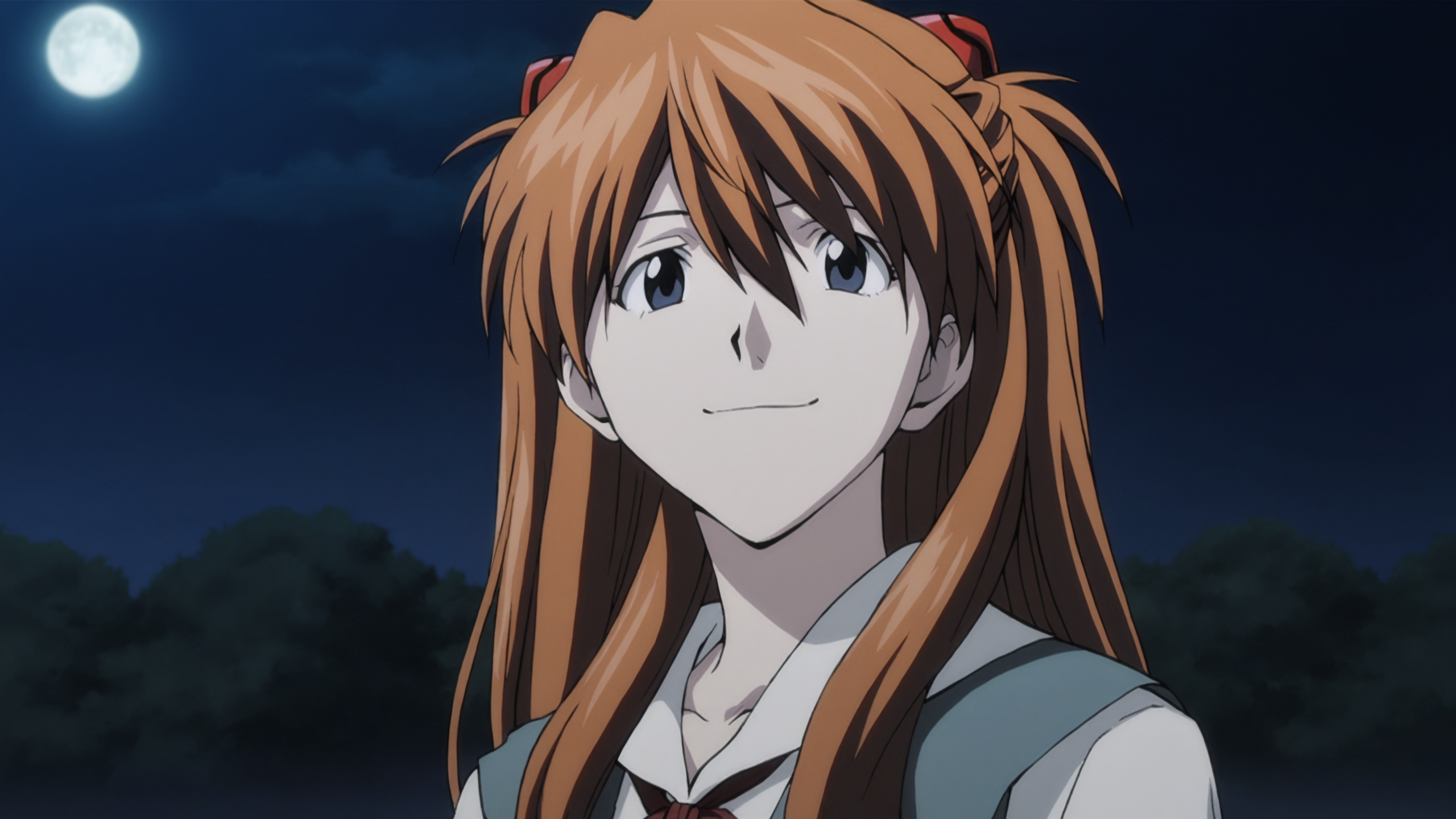 death_note_style, anime screencap, anime coloring, masterpiece, best quality,amazing quality, cinematic lighting, asuka langley,  1girl, solo,  orange hair, long hair,  blue eyes, soft heart-shaped face, tokyo school uniform, happy,  outdoors, night, moon <lora:death_note_style:1>