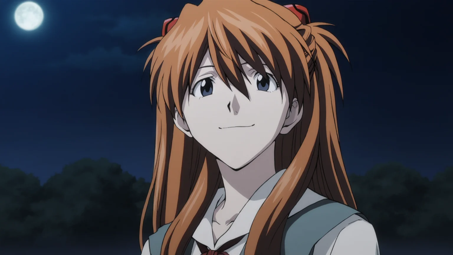 death_note_style, anime screencap, anime coloring, masterpiece, best quality,amazing quality, cinematic lighting, asuka langley, 1girl, solo, orange hair, long hair, blue eyes, soft heart-shaped face, tokyo school uniform, happy, outdoors, night, moon <lora:death_note_style:1>