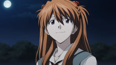 death_note_style, anime screencap, anime coloring, masterpiece, best quality,amazing quality, cinematic lighting, asuka langley, 1girl, solo, orange hair, long hair, blue eyes, soft heart-shaped face, tokyo school uniform, happy, outdoors, night, moon <lora:death_note_style:1>
