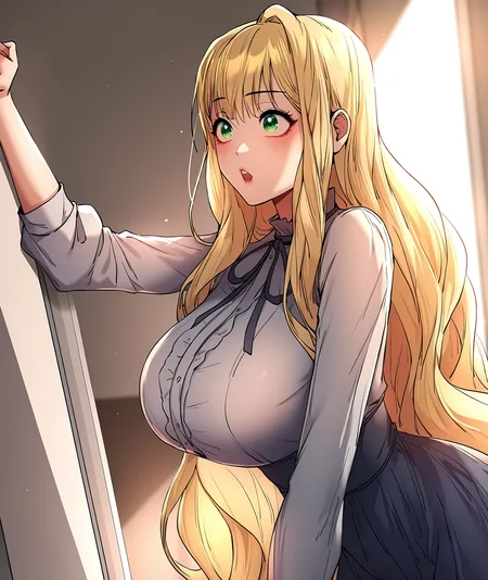 masterpiece,best quality,newest,absurdres,highres,<lora:noobai_ep11_stabilizer_v0.138_fp16:1>,<lora:Pak Hain:1>,pak hain,blonde hair,very long hair,green eyes,virgin killer outfit,