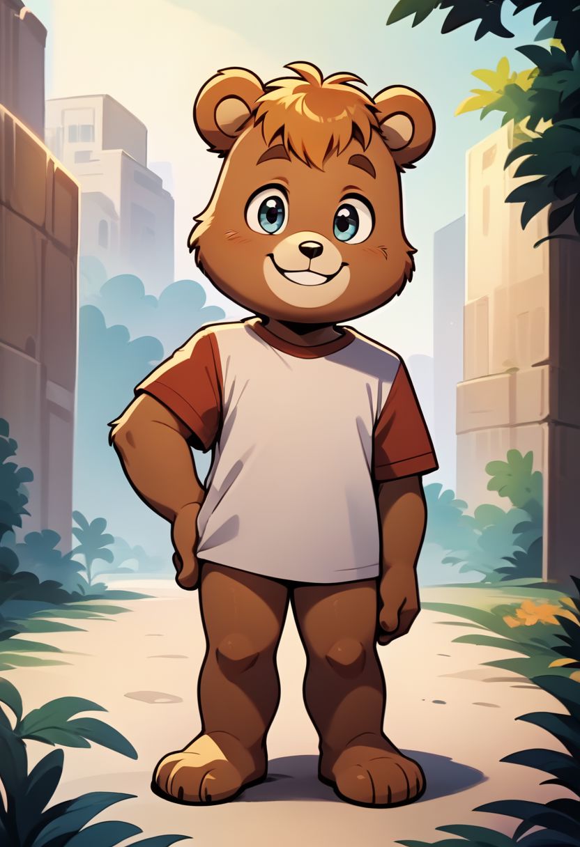 score_9, score_8_up, score_7_up, score_6_up, best quality, source_anime, (cute), solo, 1boy, male, Teddy Ruxpin, shortstack, looking at viewer, love, cartoon bear, standing, hand on hip, bottomless, t-shirt, furry, featureless chest, featureless crotch, exterior, Rainbow, smile, waving, full body,