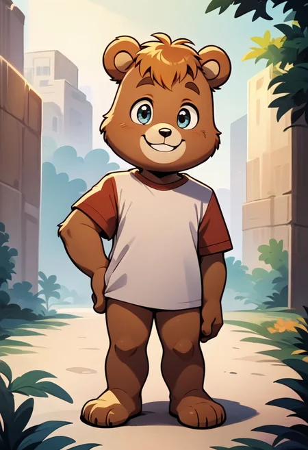 score_9, score_8_up, score_7_up, score_6_up, best quality, source_anime, (cute), solo, 1boy, male, Teddy Ruxpin, shortstack, looking at viewer, love, cartoon bear, standing, hand on hip, bottomless, t-shirt, furry, featureless chest, featureless crotch, exterior, Rainbow, smile, waving, full body,