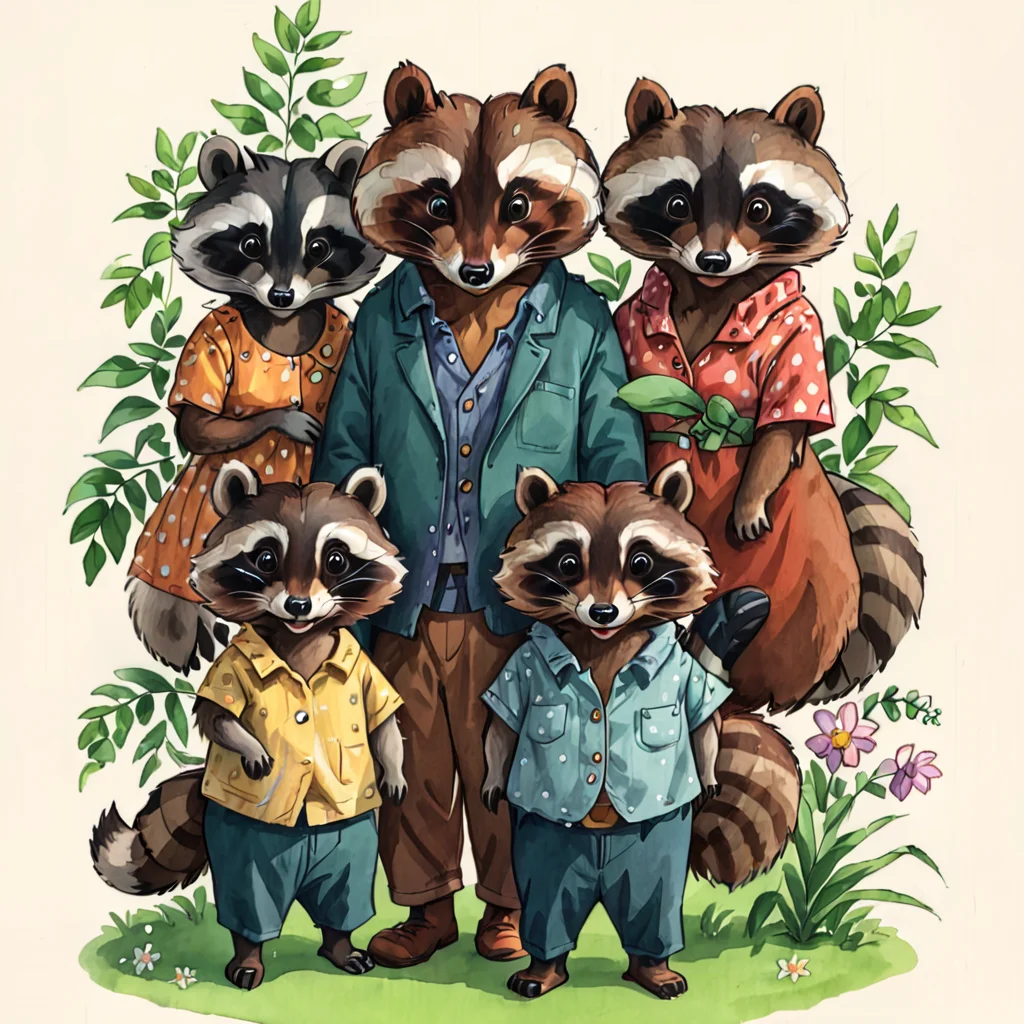 portrait of The happy raccoon family, <lora:Childrens_book_illustration_by_Genrih_Valk:0.8>  Genrih Valk illustration