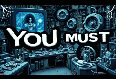 the words 'YOU MUST' written in large font fills the front of frame. In the back of frame weird man with in a dark room with checkerboard blue lotus PEOPLE ARE trapped inside machinery, people crushed inside mechanical gears, high gore arms crushed and bent, signs of wailing, people in business suits trapped in machinery. floors with blood on the ground with a white interior cyber tech electricity electical circuits illuminati symbols with brains and vaginas with high technology alchemical background lightning bolts