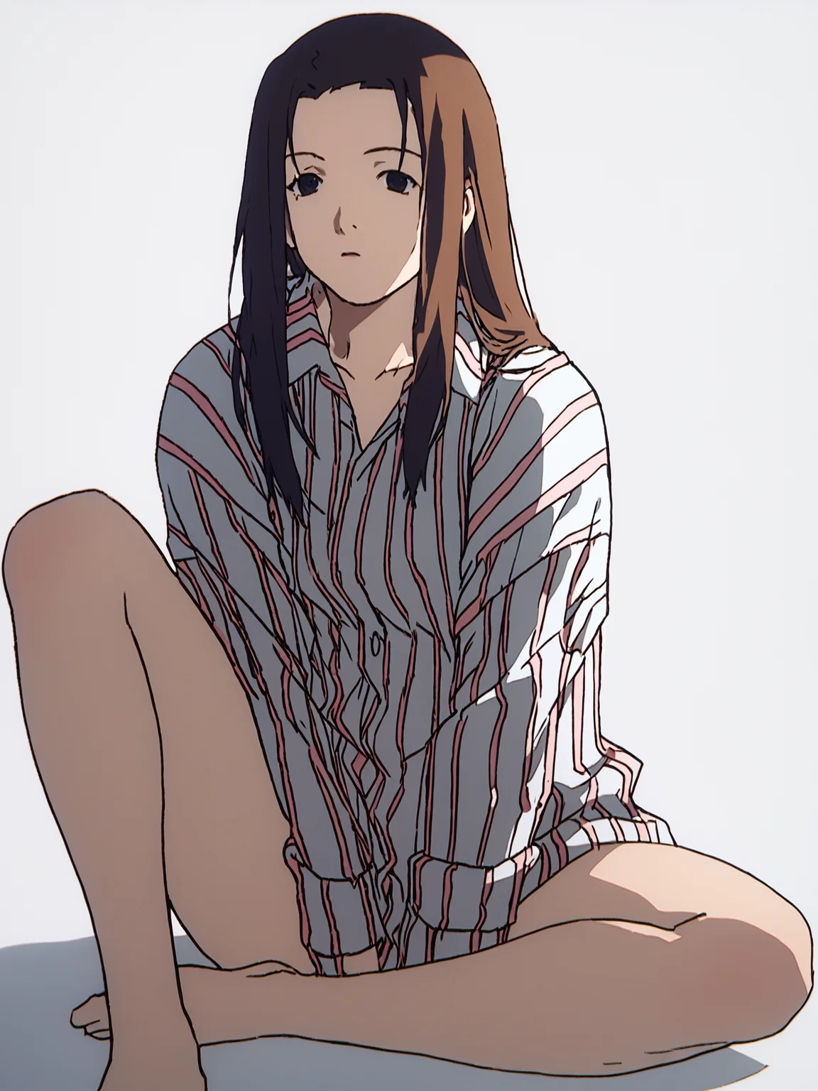 score_7_up, score_8_up, score_9, masterpiece, perfect hands, high quality, white background, 1girl, solo, <lora:Iwakura_Mika_PDXLv0-e40:0.8> iwakura_mika_\(home5\), vertical-striped shirt, barefoot, sitting,