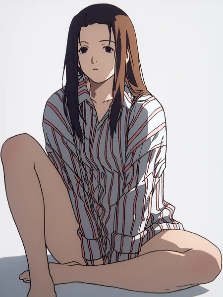 score_7_up, score_8_up, score_9, masterpiece, perfect hands, high quality, white background, 1girl, solo, <lora:Iwakura_Mika_PDXLv0-e40:0.8> iwakura_mika_\(home5\), vertical-striped shirt, barefoot, sitting,