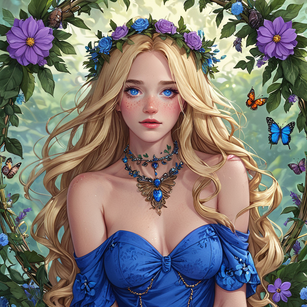 ArsMJStyle, Virgo, The image shows a woman with long blonde hair wearing a blue dress and a necklace surrounded by a wreath of flowers and leaves., 1girl, solo, flower, long hair, breasts, hair ornament, blonde hair, cleavage, hair flower, butterfly, bug, looking at viewer, jewelry, parted lips, blue eyes, freckles, lips, upper body, bare shoulders, purple flower Score_9, score_8_up, score_7_up, score_6_up,   <lora:ArsMJStyleXL-000004:1>,