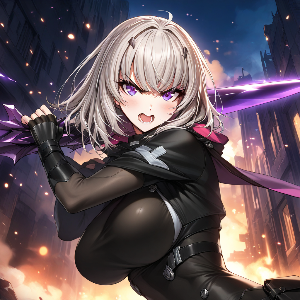 (masterpiece),(best quality),(ultra-detailed),(best illustration),(best shadow),(absurdres),(detailed background),(very aesthetic),warm lighting, 1girl, solo, seo_yoon, white hair, purple eyes, open mouth, angry, large breasts, upper body view, fingerless glove, leaning forward, black suit, ruined city, purple sword, holding, holding purple sword, slashing, looking at viewer, skin suit, open mouth, night city background, <lora:XL-ASeoYoonv1a:1>