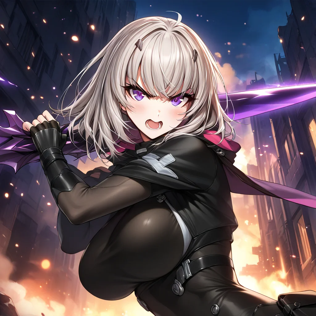 (masterpiece),(best quality),(ultra-detailed),(best illustration),(best shadow),(absurdres),(detailed background),(very aesthetic),warm lighting, 1girl, solo, seo_yoon, white hair, purple eyes, open mouth, angry, large breasts, upper body view, fingerless glove, leaning forward, black suit, ruined city, purple sword, holding, holding purple sword, slashing, looking at viewer, skin suit, open mouth, night city background, <lora:XL-ASeoYoonv1a:1>