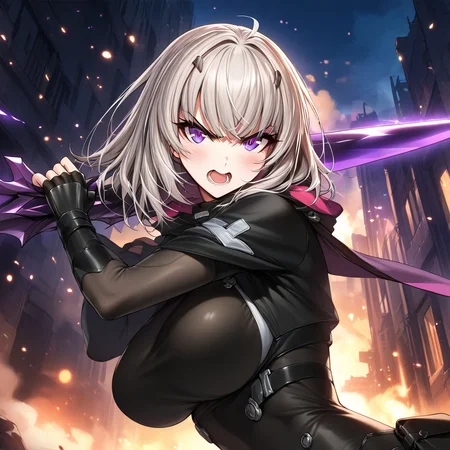 (masterpiece),(best quality),(ultra-detailed),(best illustration),(best shadow),(absurdres),(detailed background),(very aesthetic),warm lighting, 1girl, solo, seo_yoon, white hair, purple eyes, open mouth, angry, large breasts, upper body view, fingerless glove, leaning forward, black suit, ruined city, purple sword, holding, holding purple sword, slashing, looking at viewer, skin suit, open mouth, night city background, <lora:XL-ASeoYoonv1a:1>