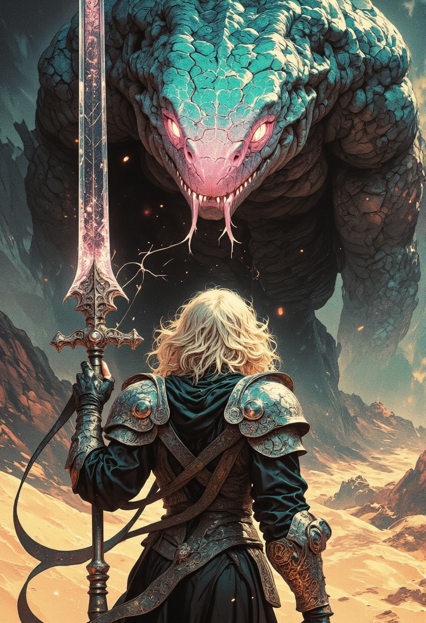 A dynamic action scene captured with gritty realism, as if shot on an old analog camera. A lone warrior woman, viewed from behind, stands in battle-worn, intricately detailed chainmail. Her short, curly blonde hair catches the faint glow of her weapon—a twisted translucent sword—crackling with dark energy that radiates along its length. She faces an enormous, translucent turquoise-black-pink serpent boss towering above her, its ghostly body shimmering with ethereal light and complex patterns that pulse with an otherworldly glow. The serpent’s translucent form refracts light, creating surreal, prismatic effects that scatter across the scene. The vast desert battlefield is framed by windswept dunes beneath a cold, steel-gray sky. The stark contrasts of magical light and deep shadows highlight the warrior’s determined stance as she prepares to strike in this epic confrontation.