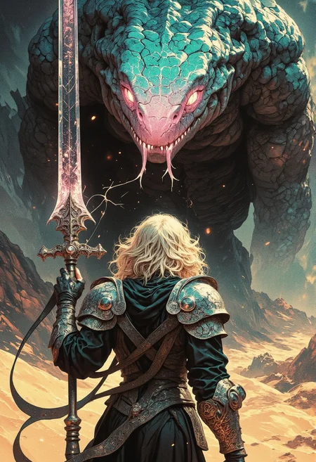 A dynamic action scene captured with gritty realism, as if shot on an old analog camera. A lone warrior woman, viewed from behind, stands in battle-worn, intricately detailed chainmail. Her short, curly blonde hair catches the faint glow of her weapon—a twisted translucent sword—crackling with dark energy that radiates along its length. She faces an enormous, translucent turquoise-black-pink serpent boss towering above her, its ghostly body shimmering with ethereal light and complex patterns that pulse with an otherworldly glow. The serpent’s translucent form refracts light, creating surreal, prismatic effects that scatter across the scene. The vast desert battlefield is framed by windswept dunes beneath a cold, steel-gray sky. The stark contrasts of magical light and deep shadows highlight the warrior’s determined stance as she prepares to strike in this epic confrontation.