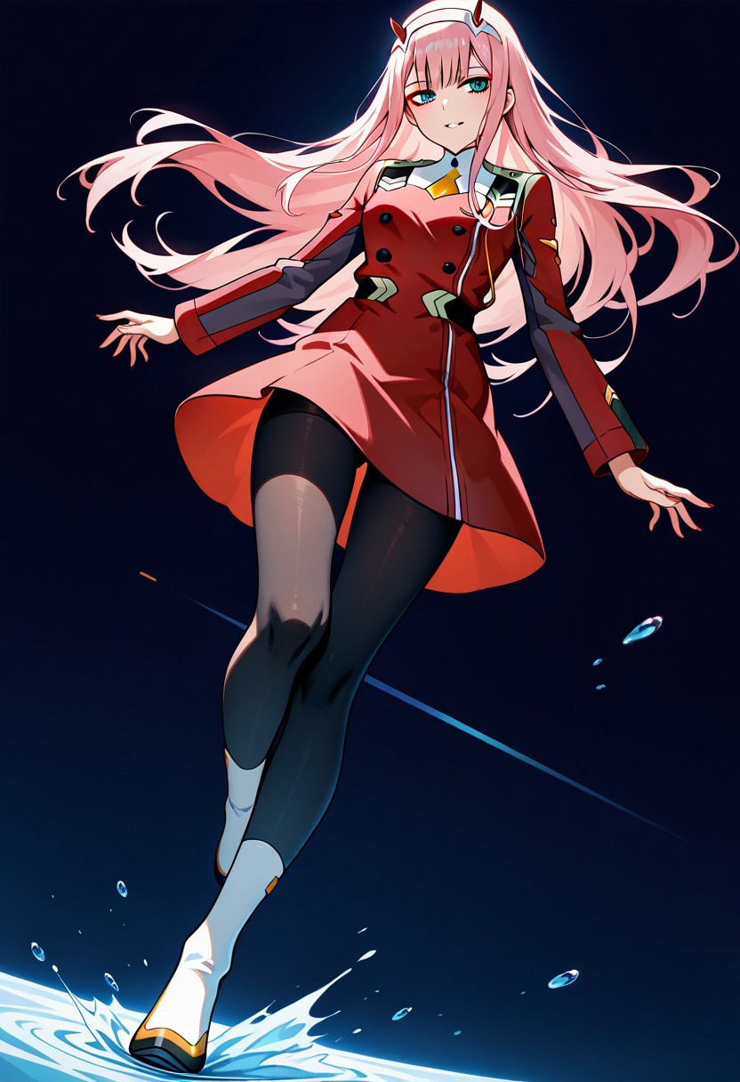 Zero Two (source: Darling in the Franxx), original red uniform, dark leggings, dynamic image, masterpiece, amazing quality, HD32K, vibrant colours, dark background, HD32K, highly detailed