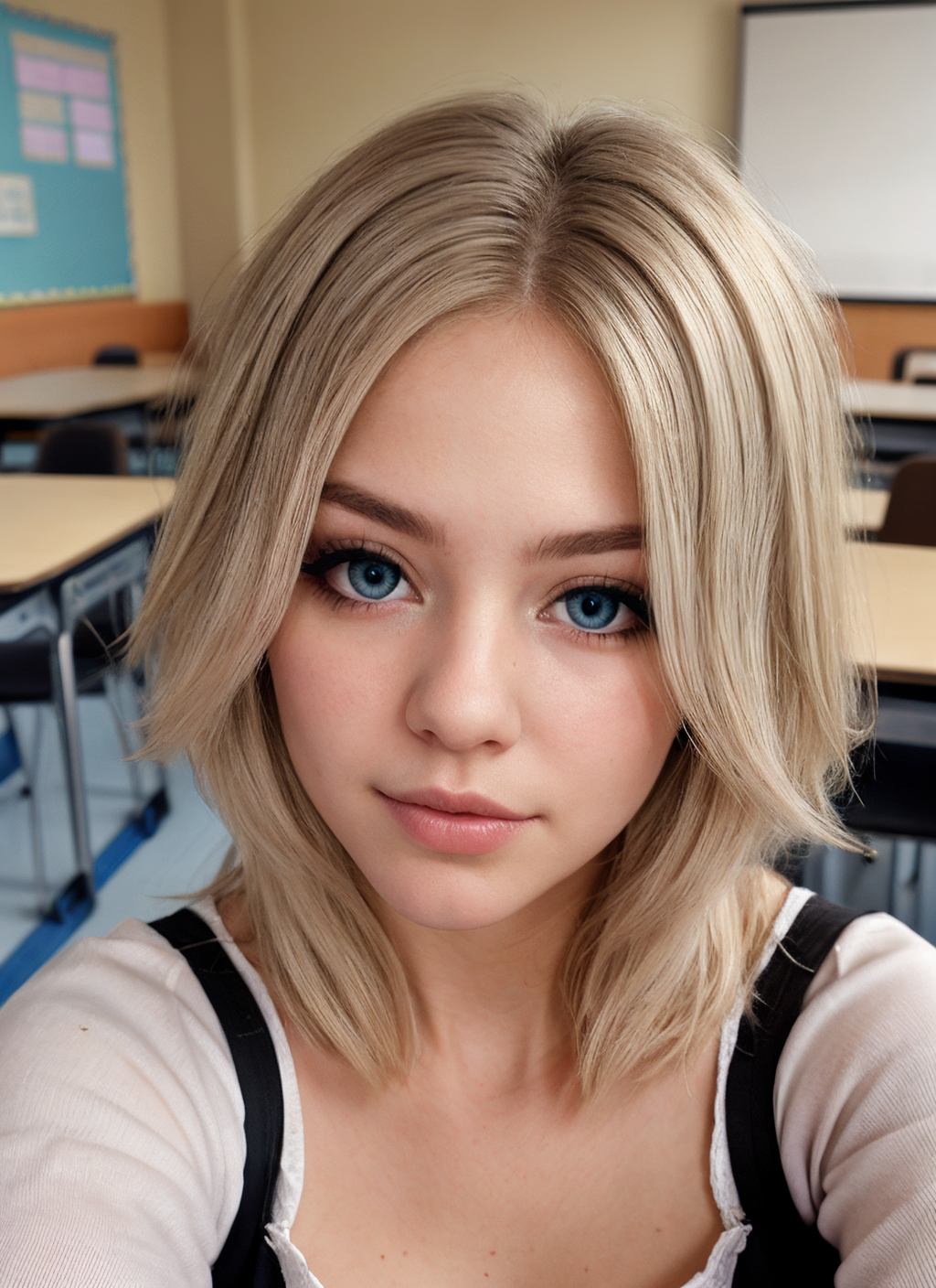 closeup portrait of girl, soft and dreamy portrait, beautiful, warm classroom background, pale, blue eyes, full eyeliner, platinum blonde hair, <lora:dik-maya:0.68> dik-maya