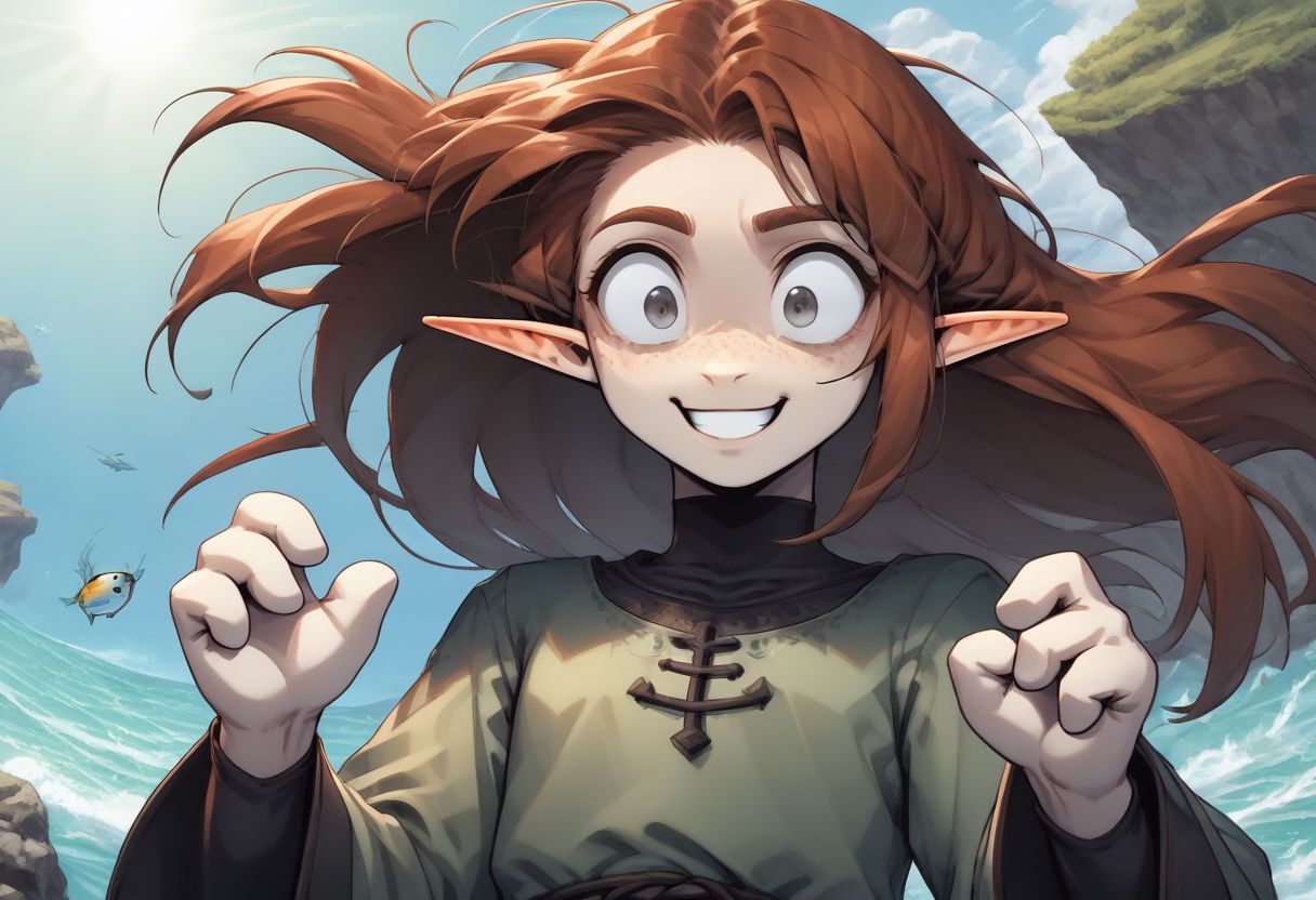 Lapanya, 1 person, solo, pointy ears, ((snout nose)), flat chest, light skin, freckles, tall, ((gray eyes, gray irises)):1.2, ((smiling, friendly expression)), auburn hair, long hair, several strands of hair sticking straight up, back-length hair, average build, small nostrils, ((3 fingers 1 thumb)), baggy long-sleeve green tunic, ((blue breeches))
Falling from the sky, falling down, falling headfirst, nosedive, midair, falling towards the ocean, wide eyes, wild expression
Clouds above, ocean below
clean lines, up close, upper body focus, highly detailed face, high quality, best quality,  score: 9, score: 8 up, rating: safe