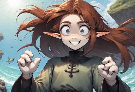 Lapanya, 1 person, solo, pointy ears, ((snout nose)), flat chest, light skin, freckles, tall, ((gray eyes, gray irises)):1.2, ((smiling, friendly expression)), auburn hair, long hair, several strands of hair sticking straight up, back-length hair, average build, small nostrils, ((3 fingers 1 thumb)), baggy long-sleeve green tunic, ((blue breeches))
Falling from the sky, falling down, falling headfirst, nosedive, midair, falling towards the ocean, wide eyes, wild expression
Clouds above, ocean below
clean lines, up close, upper body focus, highly detailed face, high quality, best quality, score: 9, score: 8 up, rating: safe