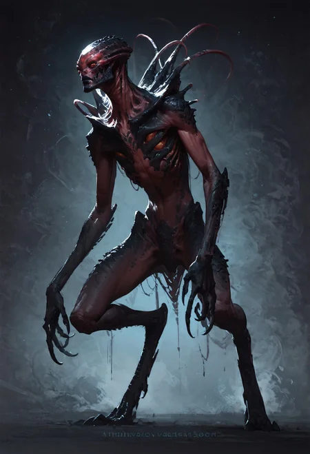 score_9, score_8_up, score_7_up, alien creature, otherworldly, black scales, thin eyes, red theme, black background <lora:pony/twilight_style:0.8> concept art, realistic <lora:pony/alien_concept_art:0.8> <lora:sdxl/sinfully_stylish_sdxl> <lora:pony/potat_alienfier:-0.8>