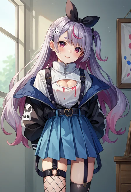 score_9, score_8_up, source_anime, 1girl, solo, MimiDefault, pink eyes, multicolored hair, one side up, hair bow, black bow, hair ornament, white shirt, high collar, cleavage cutout, paint on clothes, suspenders, black jacket, partially unzipped, black belt, blue skirt, asymmetrical legwear, black thighhigh, fishnet thighhigh, arms behind back, indoors, blush, smile, <lora:ChamTosakiMimiPonyXL:1>