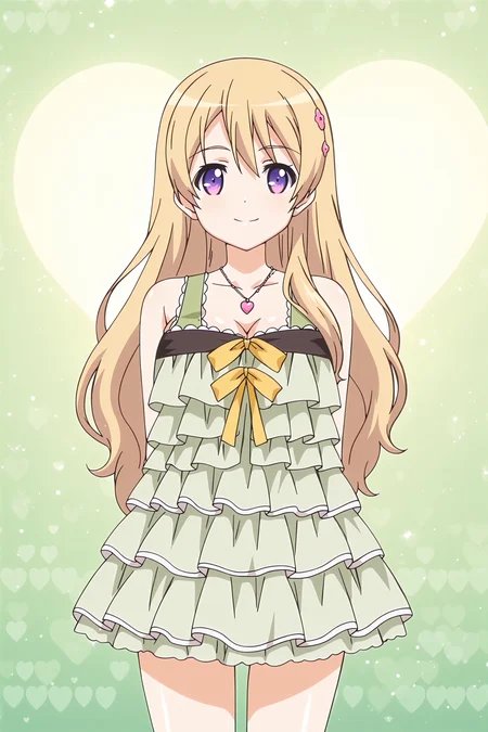 anime screencap, anime coloring, detailed face, masterpiece, best quality, very aesthetic, absurdres, volumetric lighting, official style, amazing quality, ultra detailed, highres, amazing quality, scenery, beautiful detailed hair, beautiful detailed eyes,
<lora:StS-Illustrious-Detail-Slider-v1.0:4>
<lora:Eroge_H_mo_Game_mo_Kaihatsu_Zanmai_-_All_characters_in_one_model_-_Kisara_Himeno_Momoka_Fujiwara_Iori_Kousaka_Nene_Sonono_Reina_Otori_Remon_Aizawa_Tomoya_Mochizuki:1>,
Momoka Fujiwara (character), Momoka's default clothing (outfit), 1girl, solo, purple eyes, long hair, blonde hair, jewelry, arms behind back, heart, necklace, yellow ribbon, green background, hair ornament, heart background, dress, frills, looking at viewer, smile, cowboy shot