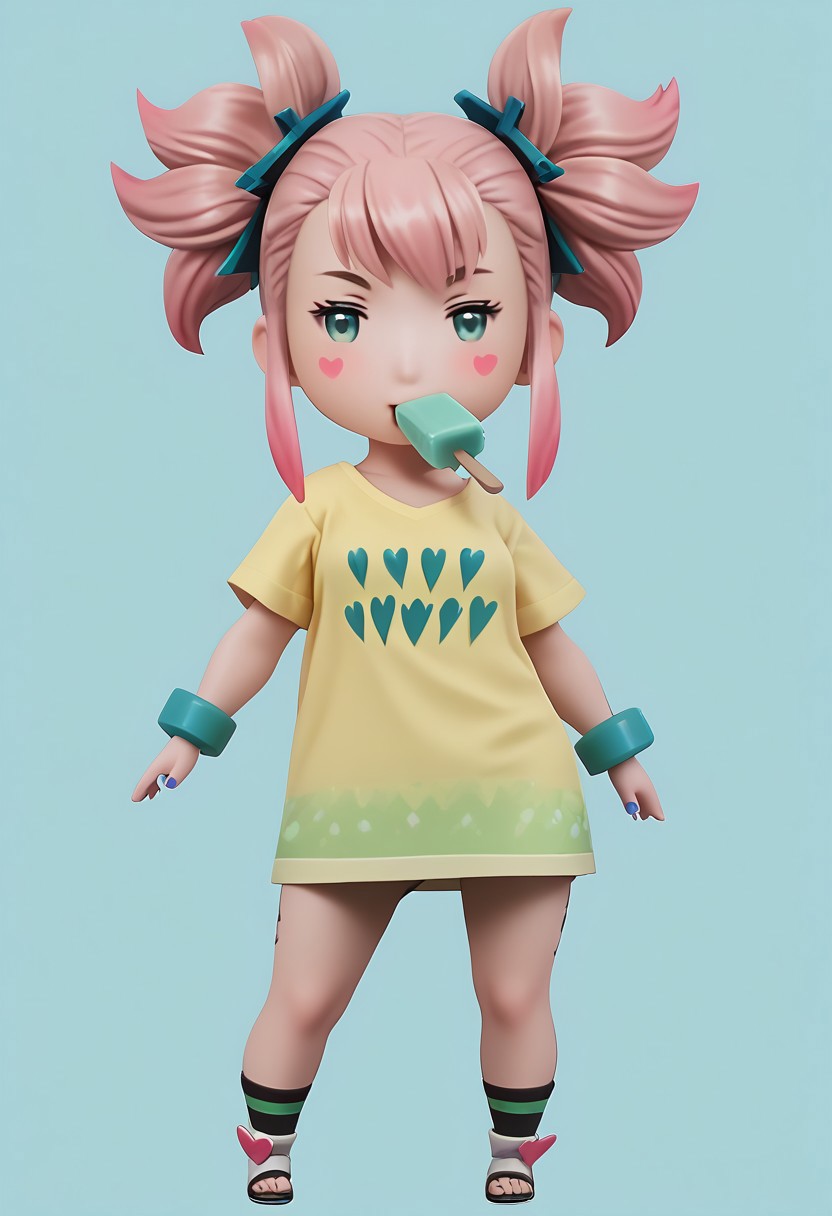 score_9, score_8_up, score_7_up, masterpiece, best quality, bdchibi,full body, BREAK 1girl, skinny, natural small breasts, blue eyes, pink candy hair, two pigtails with a wavy green elastic band, makeup, green eye shadow, black long eyes arrows, blush, yellow short t-shirt with pattern of hearts, blue manicure with pink hearts, BREAK sucking popsicle, popsicle in mouth,  BREAK medium shot, blue background
