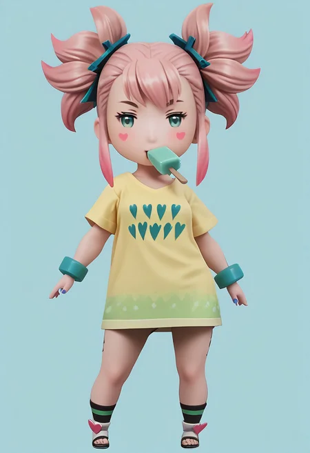 score_9, score_8_up, score_7_up, masterpiece, best quality, bdchibi,full body, BREAK 1girl, skinny, natural small breasts, blue eyes, pink candy hair, two pigtails with a wavy green elastic band, makeup, green eye shadow, black long eyes arrows, blush, yellow short t-shirt with pattern of hearts, blue manicure with pink hearts, BREAK sucking popsicle, popsicle in mouth,  BREAK medium shot, blue background