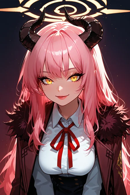masterpiece, best quality, 1girl, solo, 21 year old model, eyelashes, (beautiful eyes), ,,,zzAru, yellow eyes, pink hair, long hair, demon horns, halo brown coat, white shirt, black skirt, red ribbon, fur-trimmed coat , <lora:AruBlueArchiveIXL:1.0>,,,solo, (beautiful eyes), beautiful lips, upper body, leaning forward, portrait, smile, looking at viewer, <lora:CyberPerfectionIXL:1.0>,