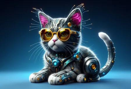 A Cute, (cat made out of Cybernetic Style), (cat wearing sunglasses), solo, 4k, high detail, high quality, realistic, full body, wm_cyber,