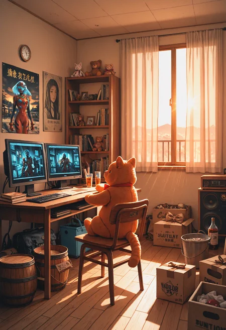 absurdres, high_quality, incredibly_absurdres, very aesthetic, film_grain, grainy_texture, vibrant, traditional_media, gradient, colorful_theme)
(Cuti3C0mics, 1girl, bow, day, official_art, artist_name, indoors, bowtie, bag, cup, book, no_humans, window, copyright_name, shadow, chair, stuffed_toy, cat, sunlight, table, stuffed_animal, bottle, curtains, instrument, box, scenery, neon_genesis_evangelion, desk, sunset, teddy_bear, light_rays, doll, paper, sign, wooden_floor, clock, robot, chinese_text, bookshelf, bucket, light, lamp, classroom, computer, school_desk, company_name, scroll, chalkboard, monitor, cardboard_box, shelf, poster_(object), evening, official_wallpaper, school, drum, school_chair, painting_(object), speaker, office_chair, barrel)