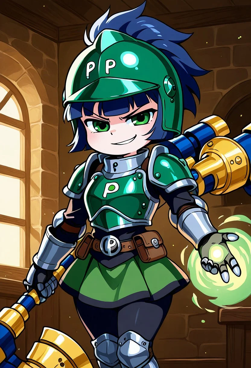 1girl, solo, poweredbuttercup, helmet, holding warhammer, looking at viewer, seductive, indoors, medieval armory, armored boots, breastplate, gauntlets, shortstack, smirk, magic,