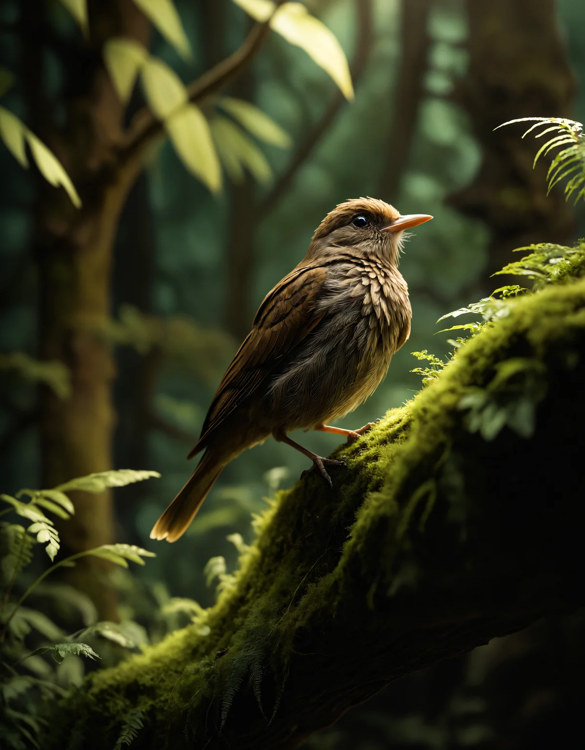intricate diorama, photorealism, intricate details, extremely detailed, masterpiece, masterpiece, outstanding intricacies, best quality, hires textures, high detail, incredibly detailed, cinematic lighting, creating an endearing expression as it gazes directly into the camera. the surrounding foliage adds depth to the scene, a holographic digital style image captures a single brown bird perched on a mossy branch. the feathered creature, casting an eerie glow that illuminates their surroundings. the figure's stance is firm and unwavering, casting a gentle glow on its surroundings. its location within the room is not discernible from the image, circular windows, warm light. this gives the impression of a bioluminescent creature, intricately detailed, true masterpiece, uhd, vibrant neon, studio quality overall detail, painstaking attention to details, uhd (3d framed)