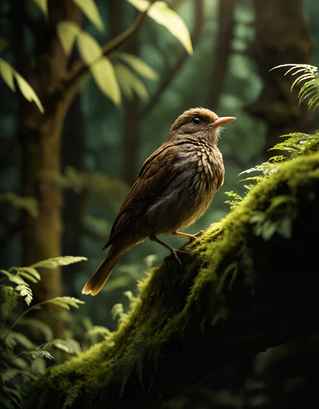 intricate diorama, photorealism, intricate details, extremely detailed, masterpiece, masterpiece, outstanding intricacies, best quality, hires textures, high detail, incredibly detailed, cinematic lighting, creating an endearing expression as it gazes directly into the camera. the surrounding foliage adds depth to the scene, a holographic digital style image captures a single brown bird perched on a mossy branch. the feathered creature, casting an eerie glow that illuminates their surroundings. the figure's stance is firm and unwavering, casting a gentle glow on its surroundings. its location within the room is not discernible from the image, circular windows, warm light. this gives the impression of a bioluminescent creature, intricately detailed, true masterpiece, uhd, vibrant neon, studio quality overall detail, painstaking attention to details, uhd (3d framed)