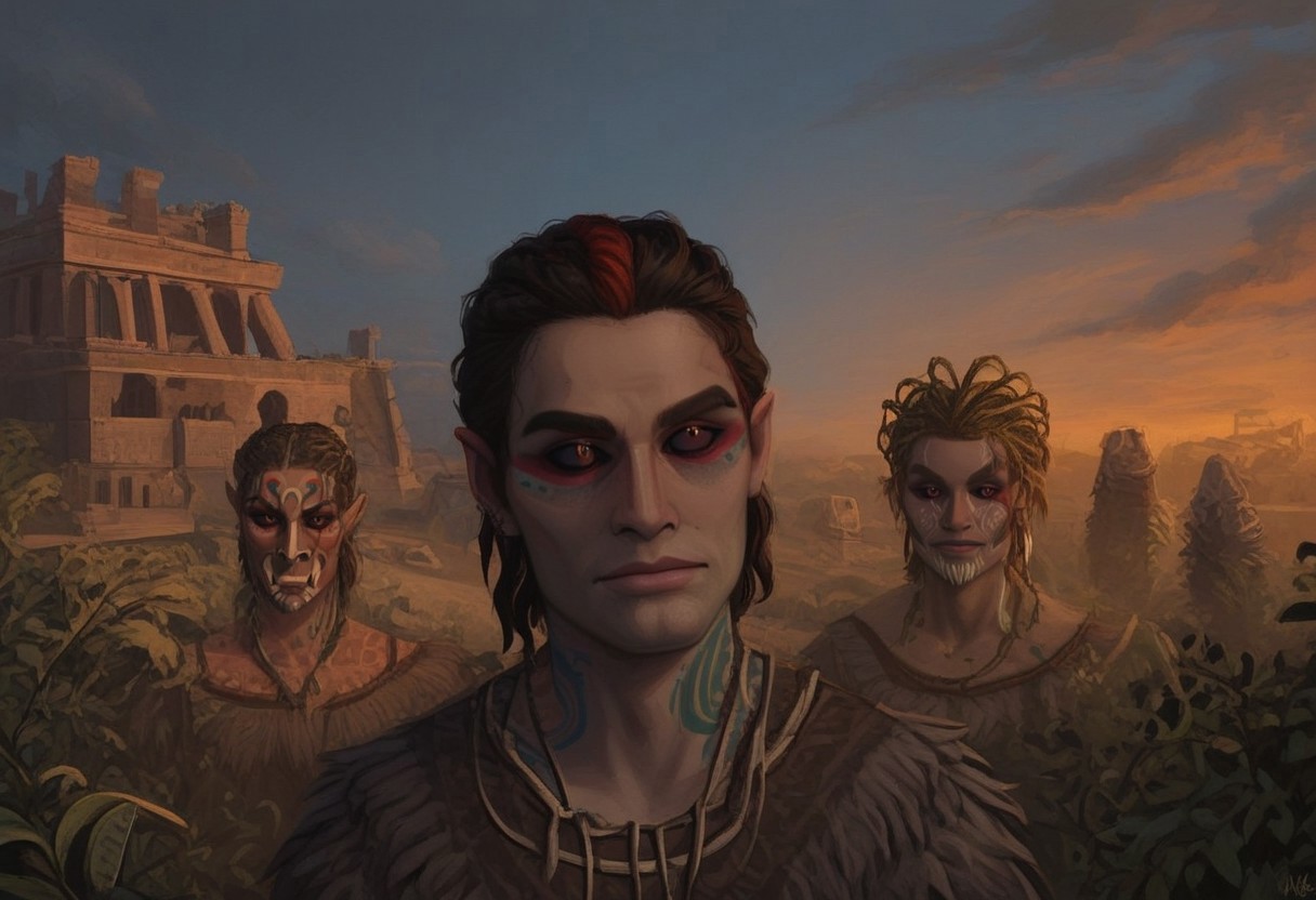 group, bosmer, male and female, scarred warriors, hardened expressions, gritty realism, aged yet resilient, primal, feral energy, semirealistic, 54 years old (male), 28 years old (female), asymmetrical beauty, nordic features, aztec features, weathered skin, blood-streaked tattoos, ochre-stained war paint, tribal warriors, unkempt but elegant, animal pelts, bone armor, sinew-wrapped weapons, tense and alert stances, deep conversation, glowing ember eyes, dark violet sclera, reptilian pupils, hyperdetailed faces, expressive emotions, dramatic lighting, cold mountain terrain, misty cliffs, snow-dusted trees, ancient ruins in background, overgrown vines, looming storm clouds, cinematic composition, detailed realism, intense visual storytelling