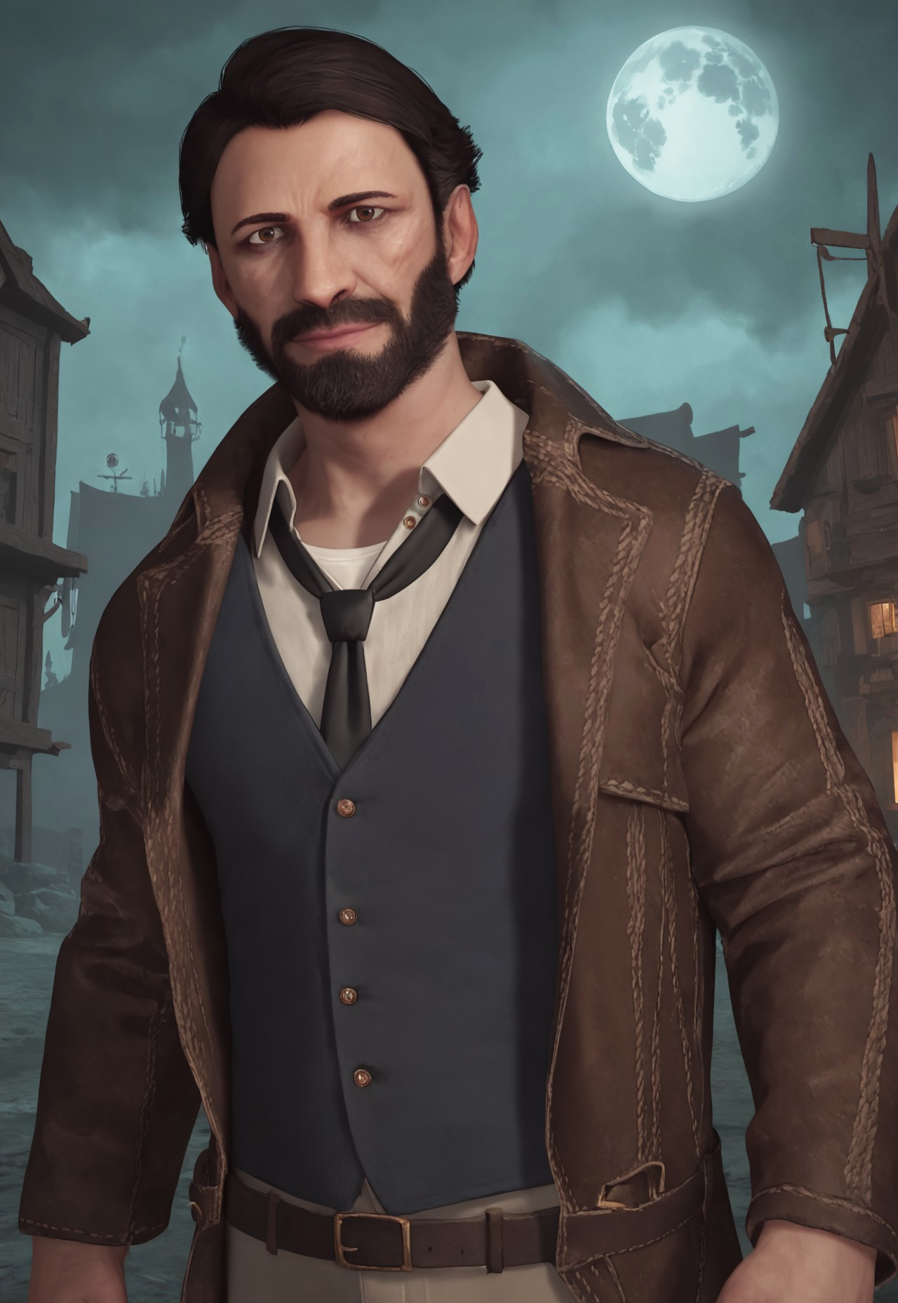 score_9, score_8_up, EdwardPierce, short hair, black hair, brown eyes, facial hair, beard, brown coat, white shirt, black necktie, dark-blue vest, looking at viewer, smile, dynamic pose, detailed background, dutch angle, old town, night, moon, green mist, dark clouds, upper body, cowboy shot, khaki pants, belt, 
