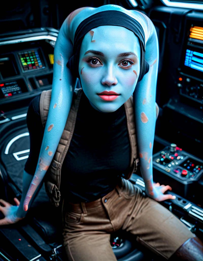 8k UHD, 1440p, hires, score_9, score_8_up, score_7_up, score_6_up, score_5_up, source_photo, amateur_photo, realistic, explicit, solo, intricate detail, perfect eyes, face focus, Mission-Vao, VaoM, KOTOR, Twi'lek, Lekku, alien, colored skin, blue skin, hairband, 1girl, solo, round face, puffy eyes, brown eyes, slim hips, thin legs, from above, cute, black shirt, vest, pants, boots, in cockpit <lora:Expressive_H:1> <lora:PerfectEyesXL:0.7> <lora:Pony_Mission-Vao_V1:1>