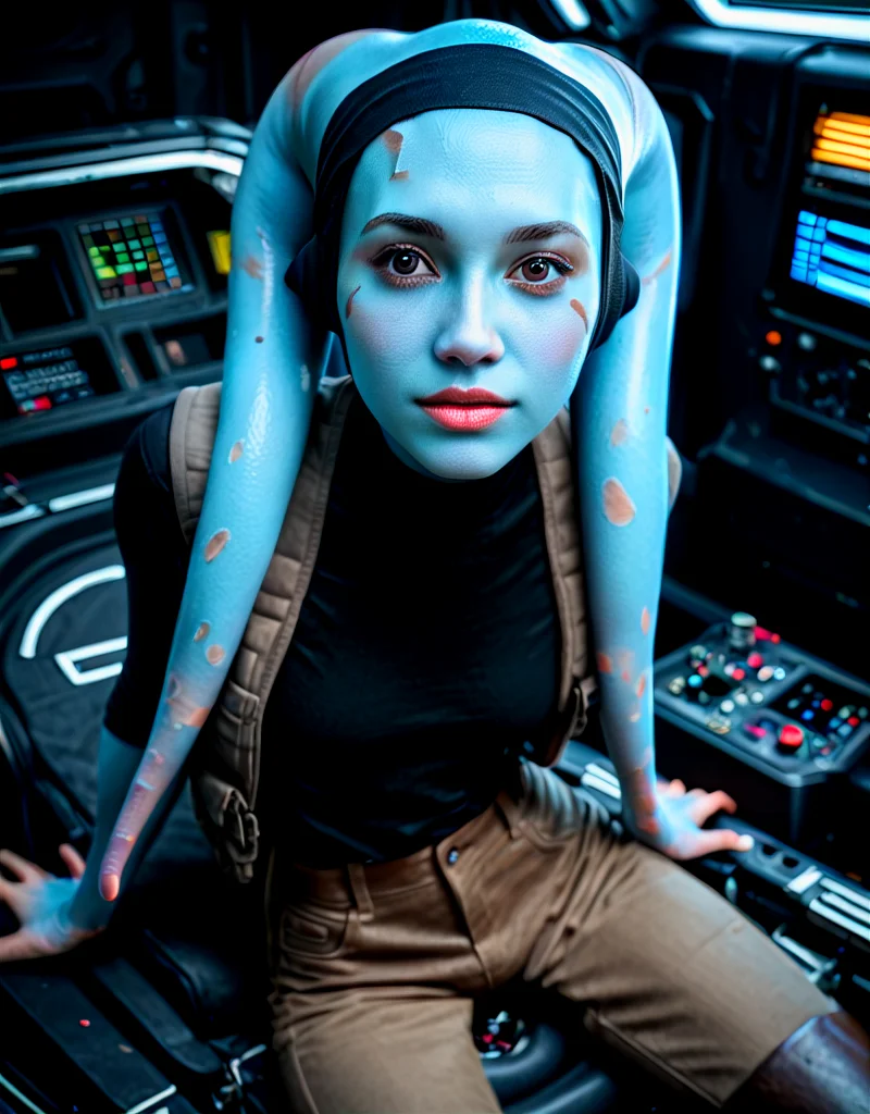 8k UHD, 1440p, hires, score_9, score_8_up, score_7_up, score_6_up, score_5_up, source_photo, amateur_photo, realistic, explicit, solo, intricate detail, perfect eyes, face focus, Mission-Vao, VaoM, KOTOR, Twi'lek, Lekku, alien, colored skin, blue skin, hairband, 1girl, solo, round face, puffy eyes, brown eyes, slim hips, thin legs, from above, cute, black shirt, vest, pants, boots, in cockpit <lora:Expressive_H:1> <lora:PerfectEyesXL:0.7> <lora:Pony_Mission-Vao_V1:1>
