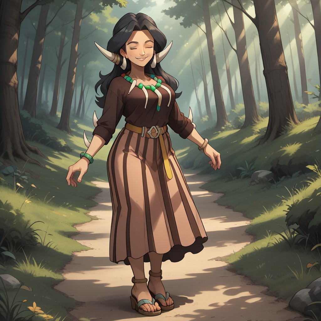score_9, score_8, BREAK, solo, Drasna_(Pokémon), closed eyes, long black hair, tribal horns, mature female, tooth_necklace, tooth_bracelet, yellow belt, vertical-striped skirt, brown shirt, long sleeves, thick eyebrows, anklets, high heel sandals, self portrait, smile, looking at viewer, outdoors, sunlight, shadows, evening lighting, natural lighting, forest, trees, grass, orange sky, sunset