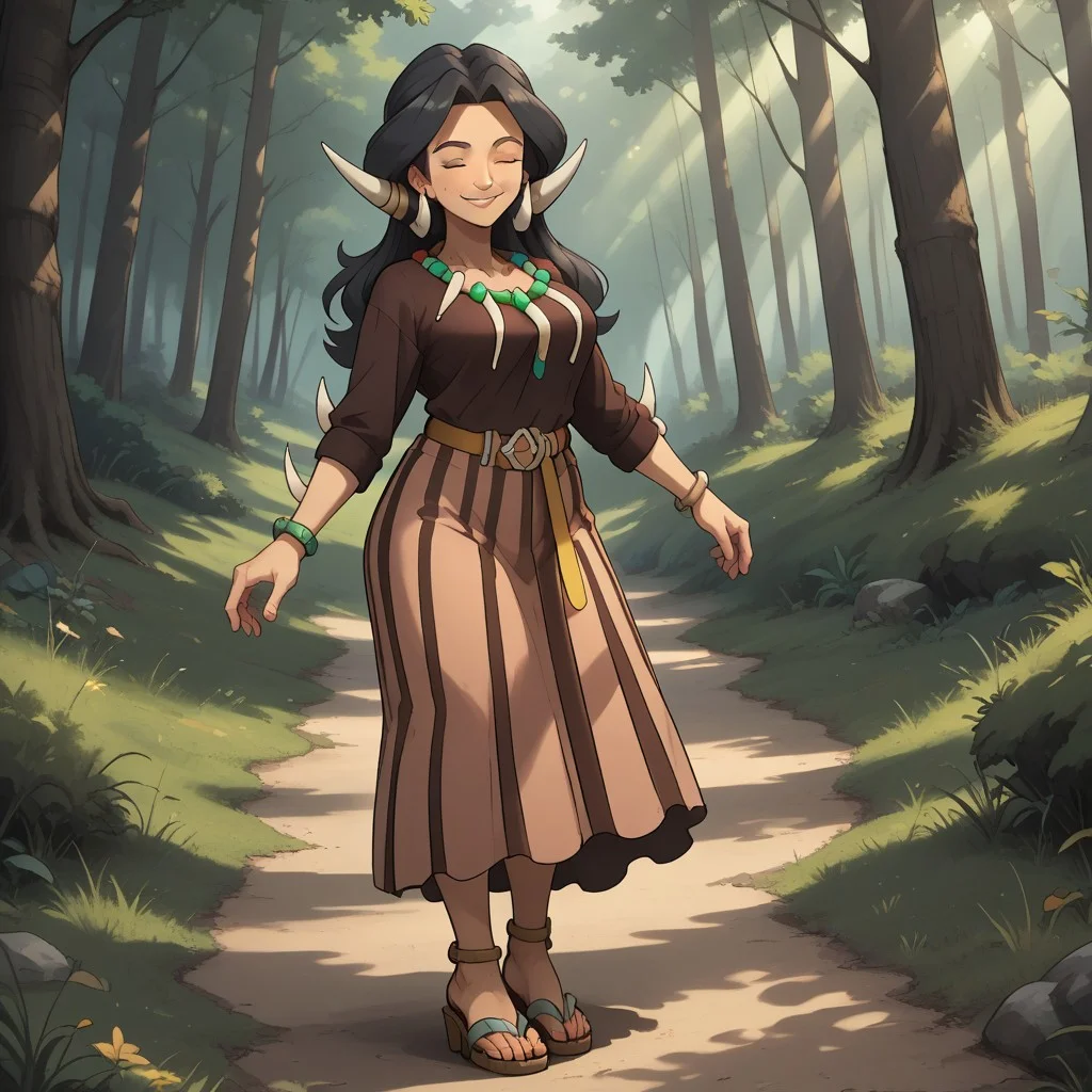 score_9, score_8, BREAK, solo, Drasna_(Pokémon), closed eyes, long black hair, tribal horns, mature female, tooth_necklace, tooth_bracelet, yellow belt, vertical-striped skirt, brown shirt, long sleeves, thick eyebrows, anklets, high heel sandals, self portrait, smile, looking at viewer, outdoors, sunlight, shadows, evening lighting, natural lighting, forest, trees, grass, orange sky, sunset