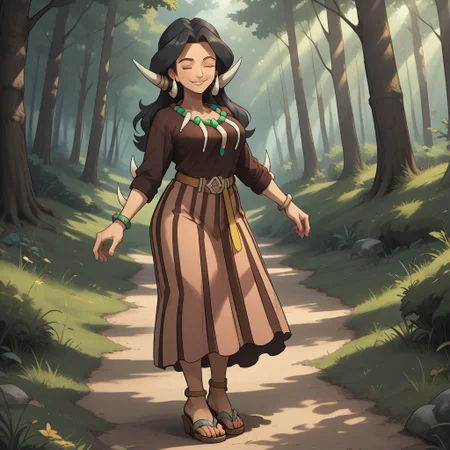 score_9, score_8, BREAK, solo, Drasna_(Pokémon), closed eyes, long black hair, tribal horns, mature female, tooth_necklace, tooth_bracelet, yellow belt, vertical-striped skirt, brown shirt, long sleeves, thick eyebrows, anklets, high heel sandals, self portrait, smile, looking at viewer, outdoors, sunlight, shadows, evening lighting, natural lighting, forest, trees, grass, orange sky, sunset