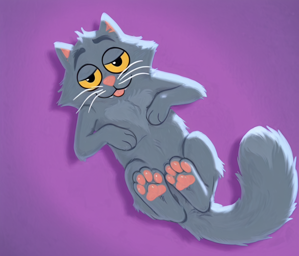 <lora:Sydney_the_Song_Cat:1> sydney the cat, yellow sclera, gray fur, feral, no humans, animal focus, full body, lying on back, paws visible, long feet paws,  feet paw focus, looking at viewer,
BREAK
purple background, From above perspective, half-lidded eyes, blep,
BREAK
hyperrealism, photorealism, realistic fur, realistic lighting, realistic textures, hires, 4k, 8k, 16k, <lora:FluffyFur-illustrious:1>