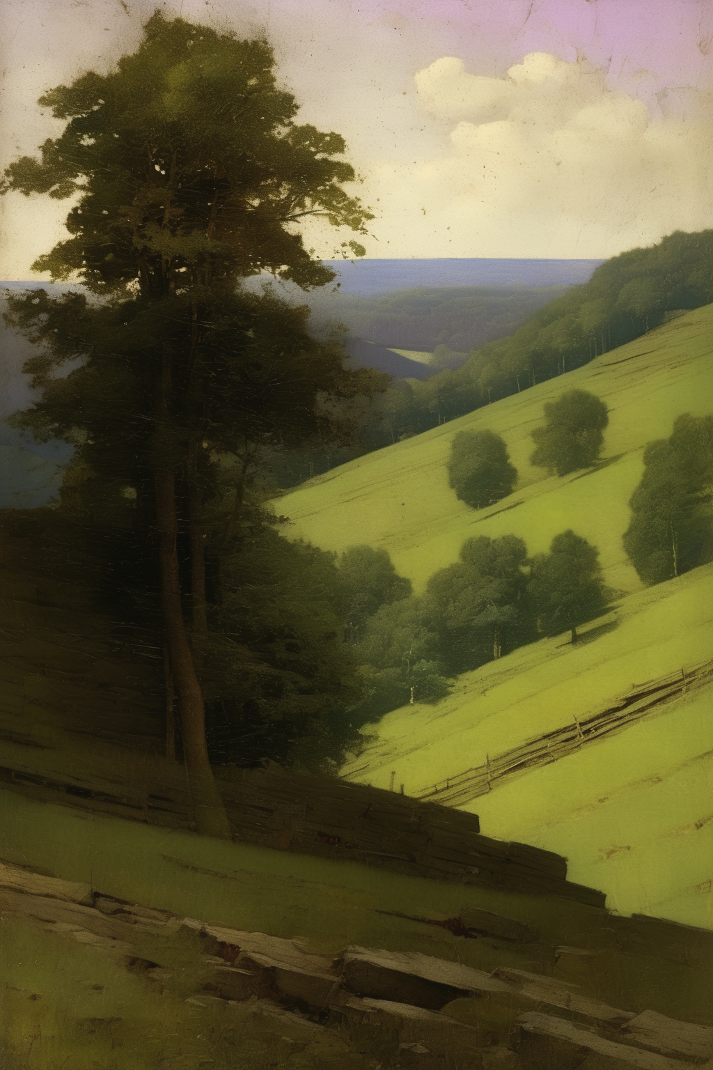 <lora:Worthington Whittredge Style:1>Worthington Whittredge Style - an old painting of hillside and a valley with trees, in the style of rectangular fields, brge bredenbekk, david mould, fragmented figuration, eastman johnson, ultrafine detail, light violet and light bronze